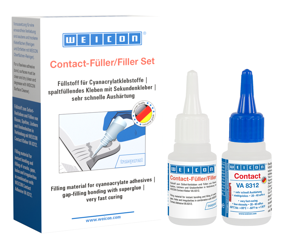 Contact-Filler Set | Set met een cyanoacrylaatlijm en een vulmiddel voor snelle reparatie van scheuren, spleten, enz.