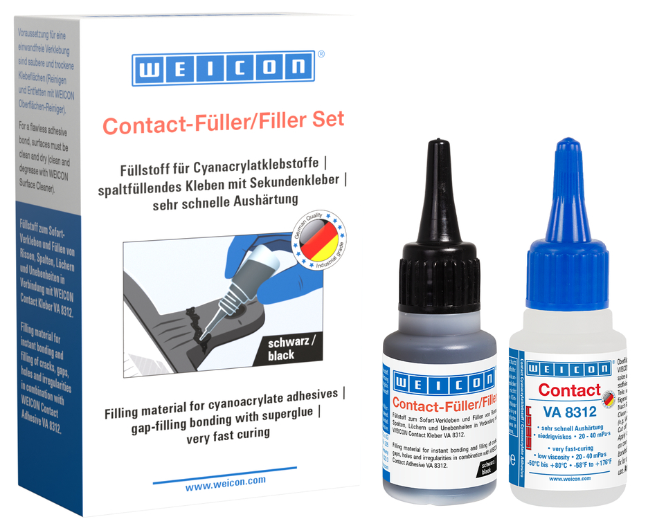 Contact-Filler Set | Set met een cyanoacrylaatlijm en een vulmiddel voor snelle reparatie van scheuren, spleten, enz.